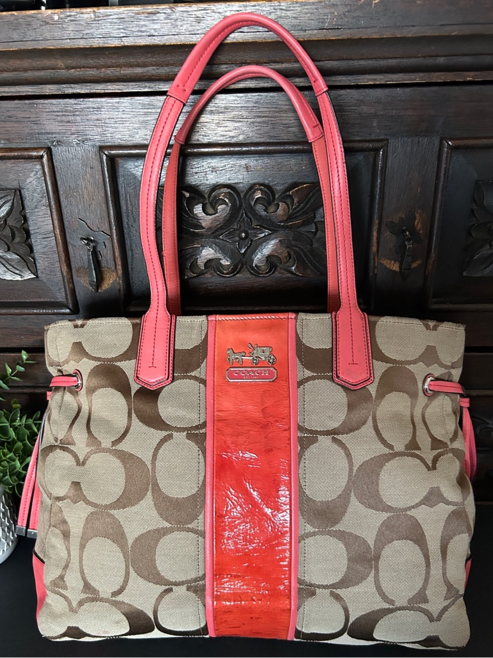 Coach Beige Signature Canvas Tote with Coral Trim